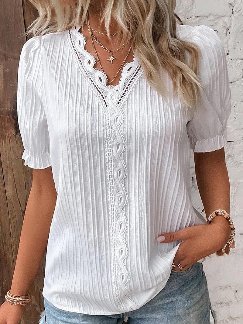 Women’s White Textured Lace Trim Blouse