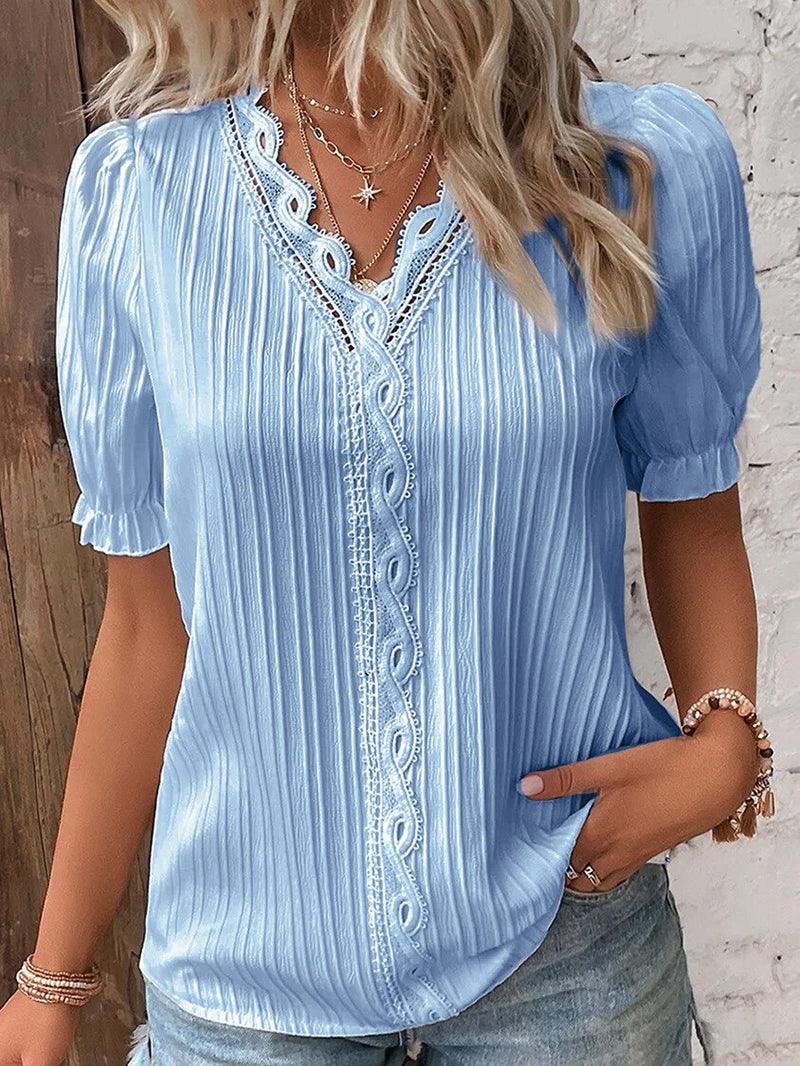 Women’s White Textured Lace Trim Blouse