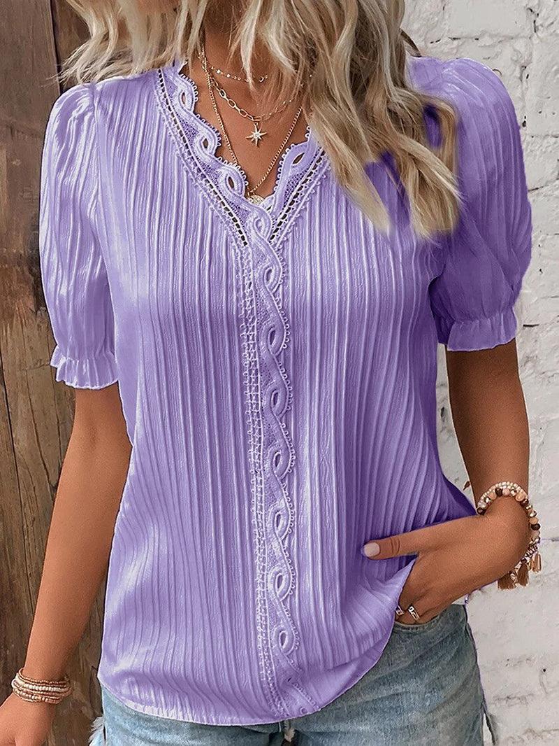 Women’s White Textured Lace Trim Blouse