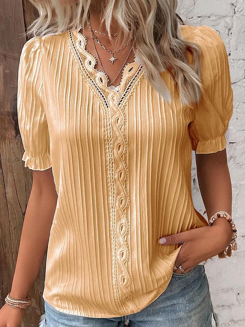 Women’s White Textured Lace Trim Blouse