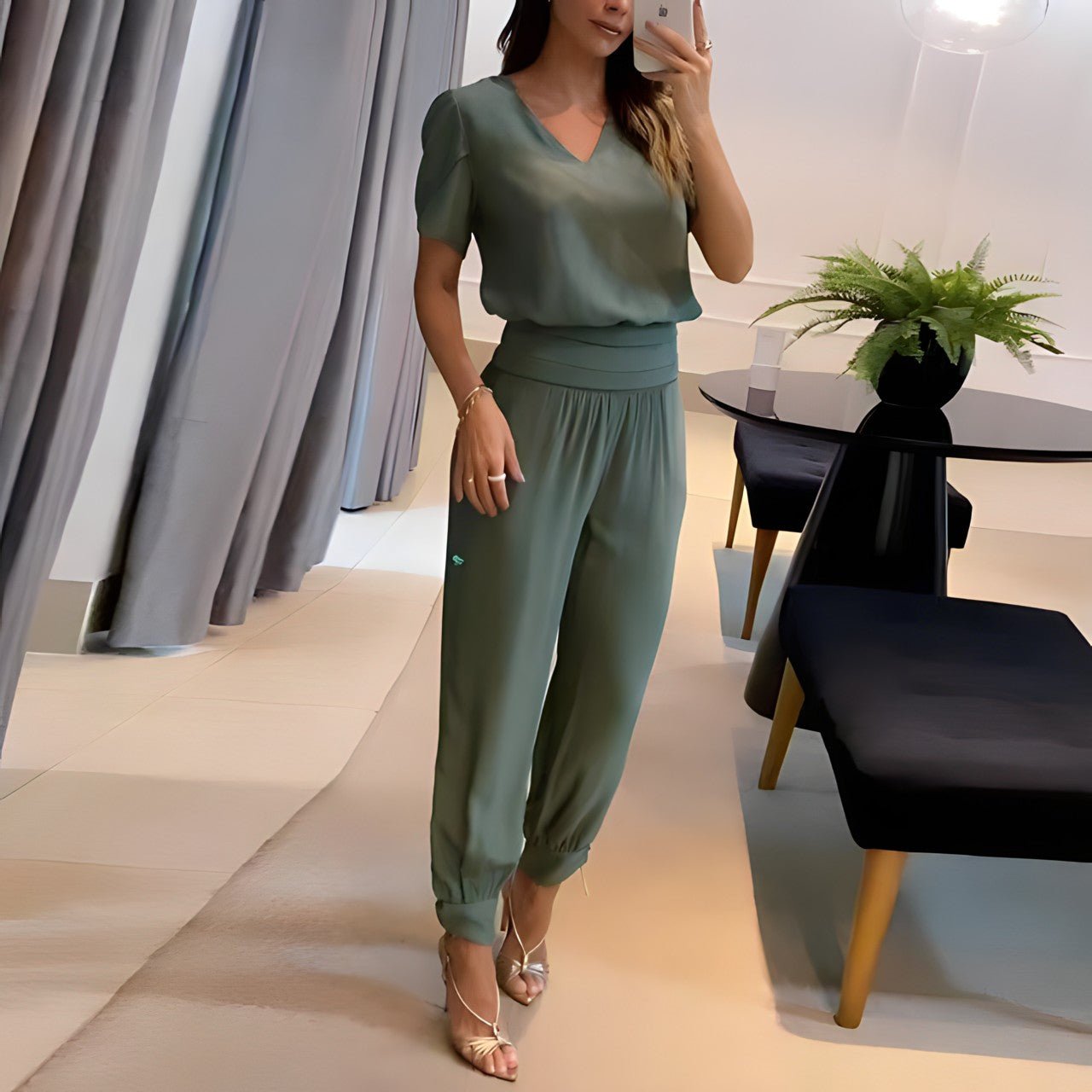 Women’s V-Neck Blouse & Geometric Trousers Set
