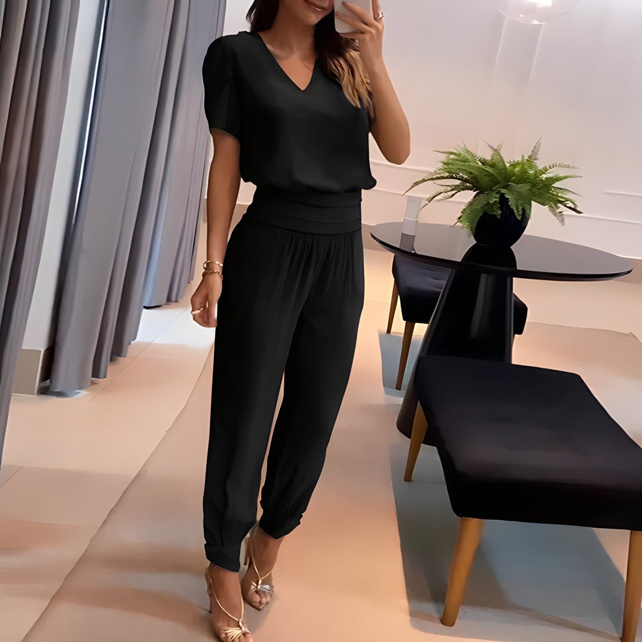 Women’s V-Neck Blouse & Geometric Trousers Set