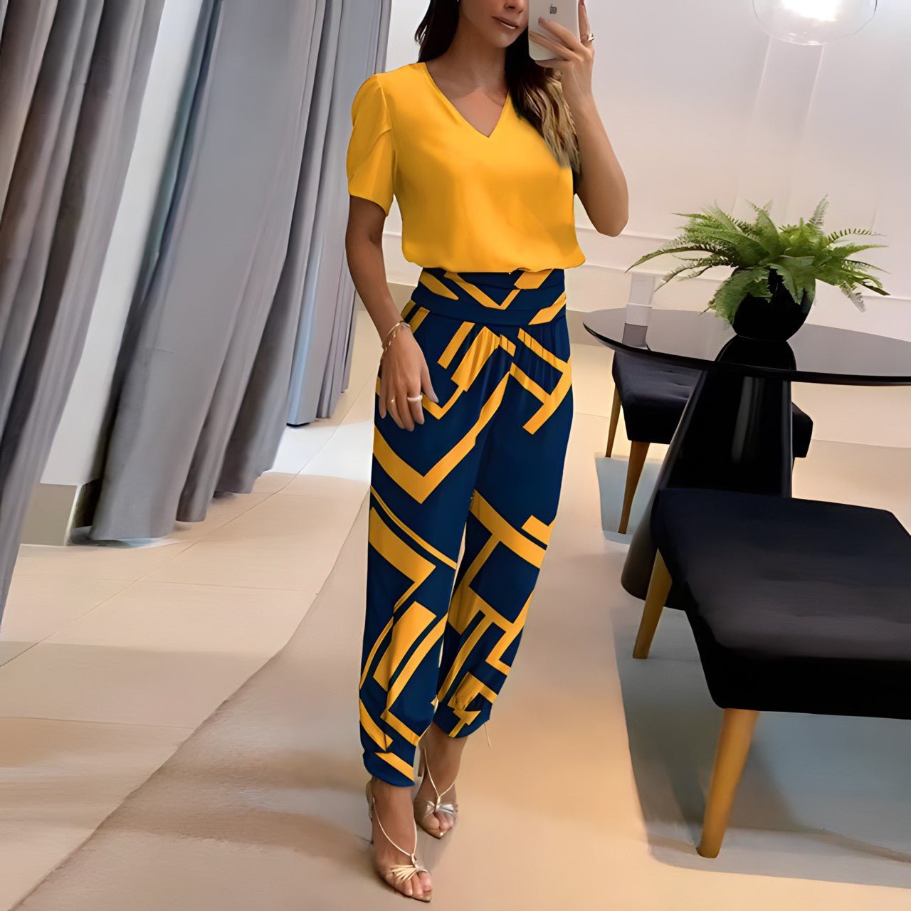 Women’s V-Neck Blouse & Geometric Trousers Set