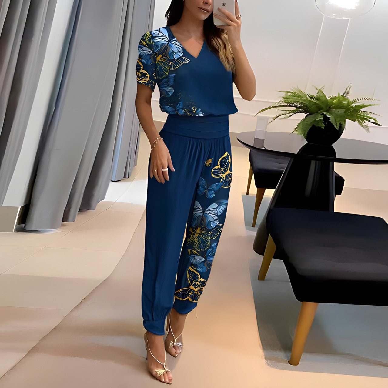 Women’s V-Neck Blouse & Geometric Trousers Set