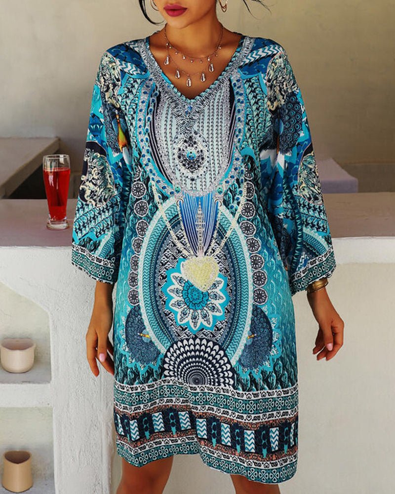 Women’s Boho Peacock Print Tunic Dress