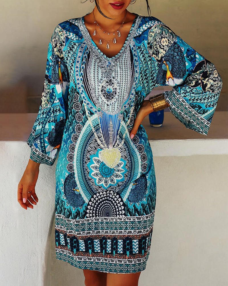 Women’s Boho Peacock Print Tunic Dress