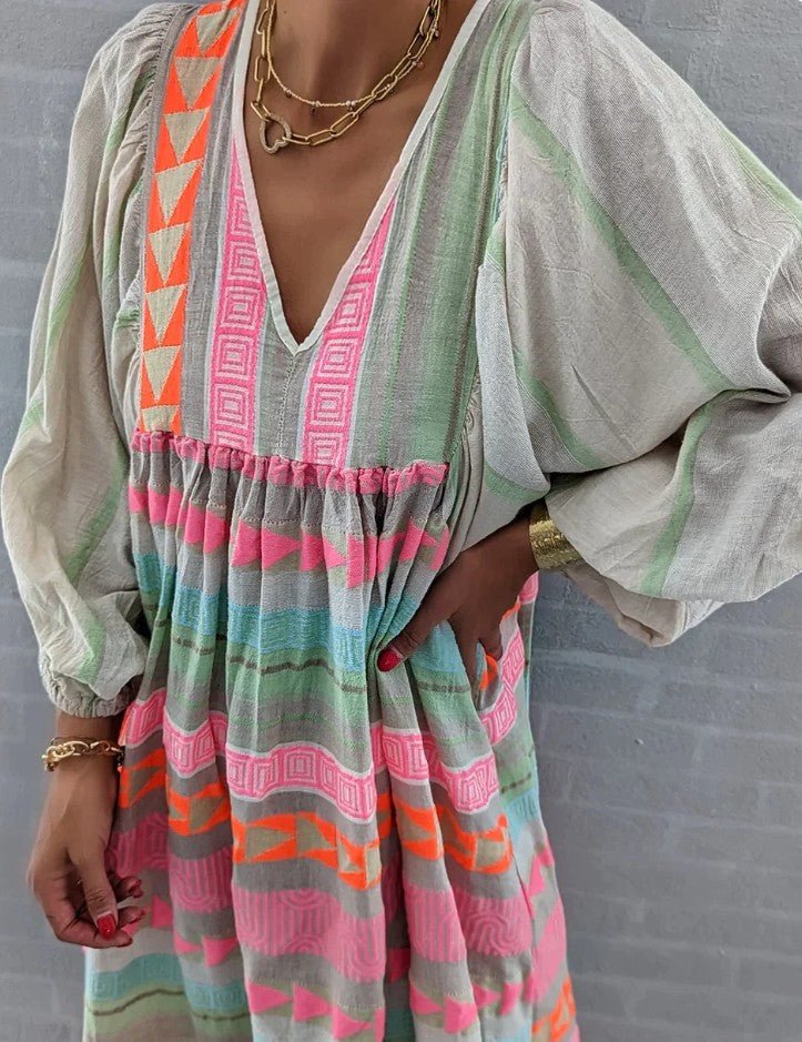 Women’s Boho V-Neck Maxi Dress with Balloon Sleeves