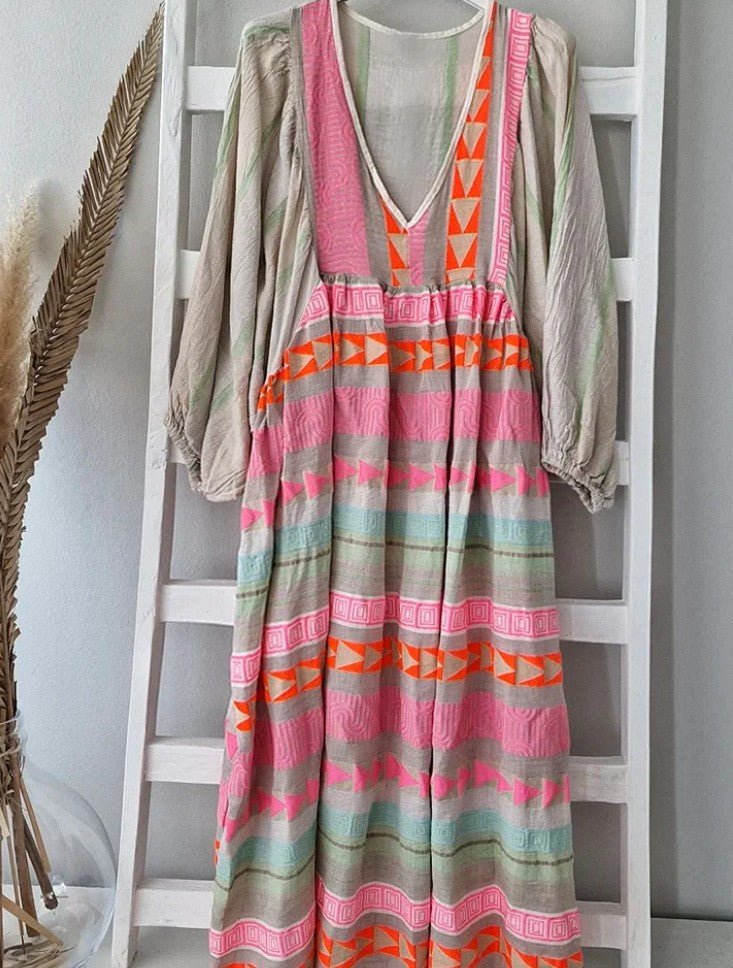Women’s Boho V-Neck Maxi Dress with Balloon Sleeves