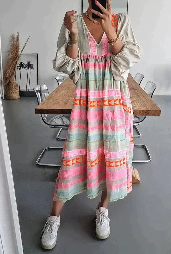 Women’s Boho V-Neck Maxi Dress with Balloon Sleeves