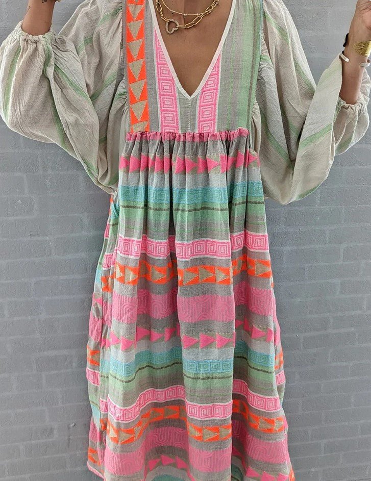 Women’s Boho V-Neck Maxi Dress with Balloon Sleeves