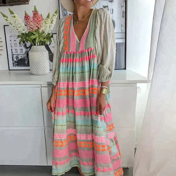 Women’s Boho V-Neck Maxi Dress with Balloon Sleeves
