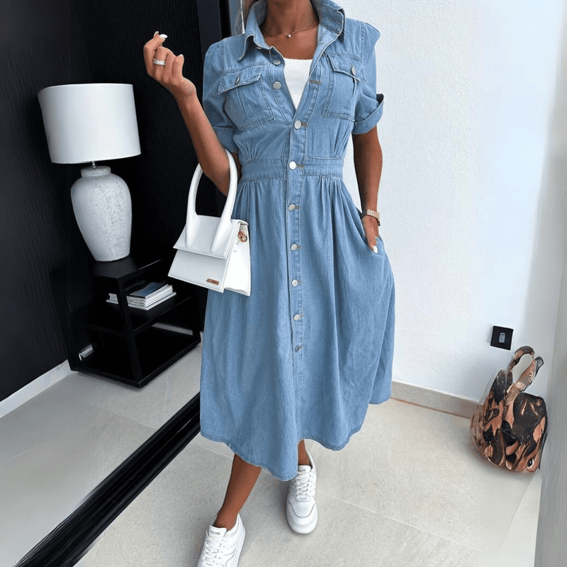 Women’s Casual Denim Shirt Dress with Buttons