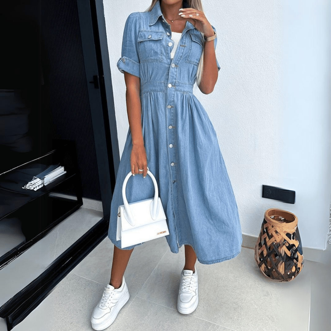 Women’s Casual Denim Shirt Dress with Buttons