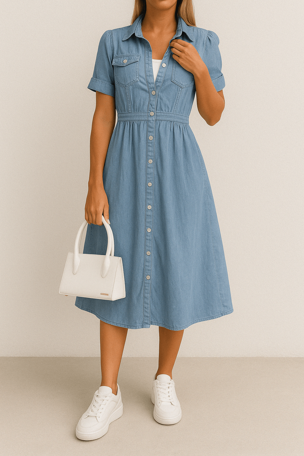 Women’s Casual Denim Shirt Dress with Buttons