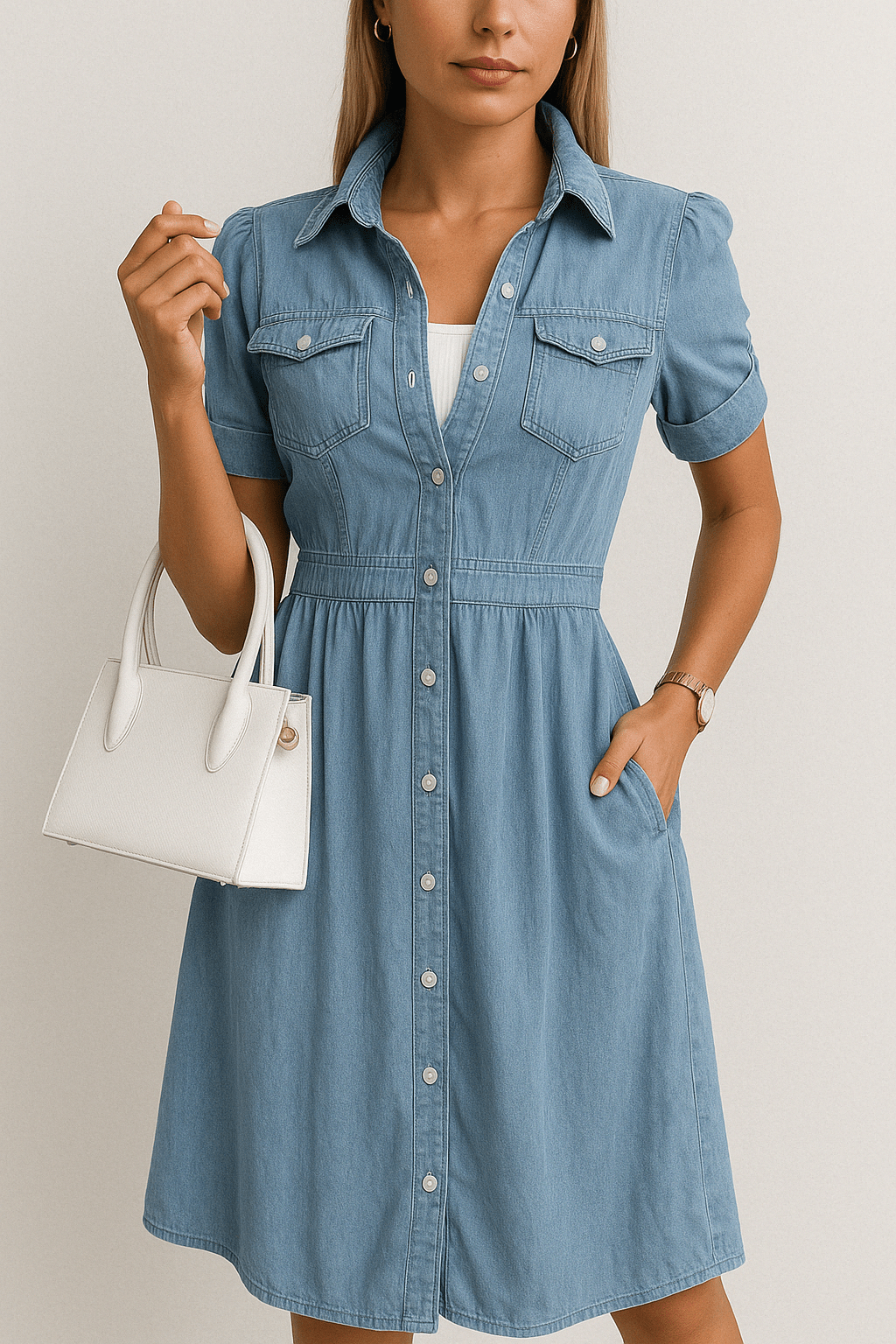 Women’s Casual Denim Shirt Dress with Buttons