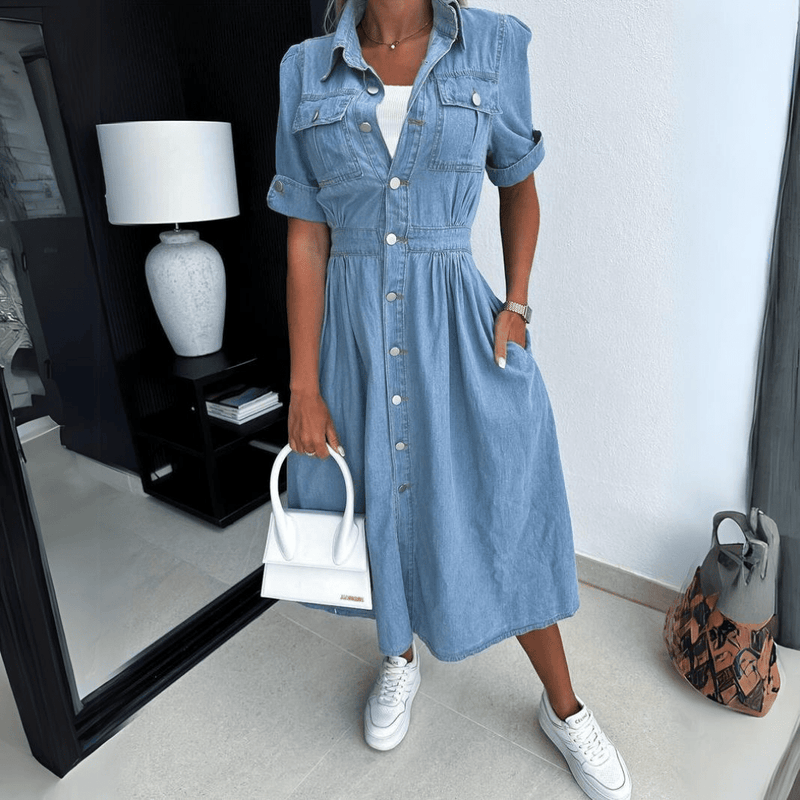 Women’s Casual Denim Shirt Dress with Buttons