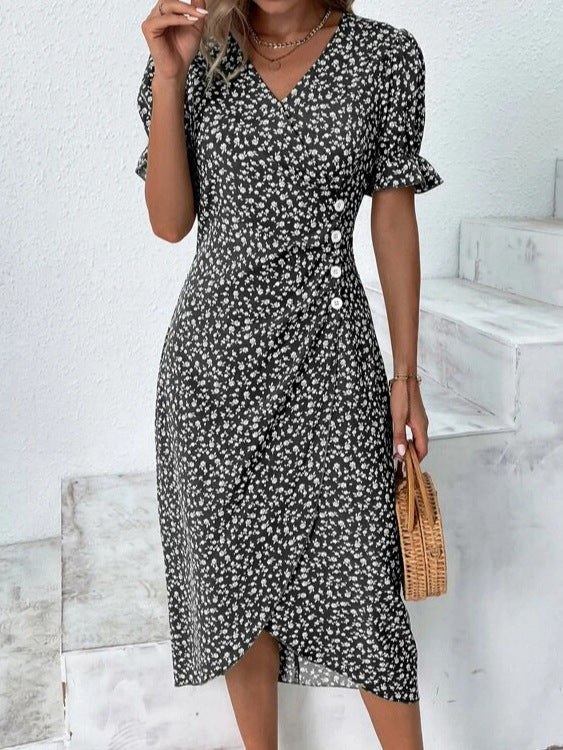 Women’s Fitted V-Neck Midi Dress with Button Detail