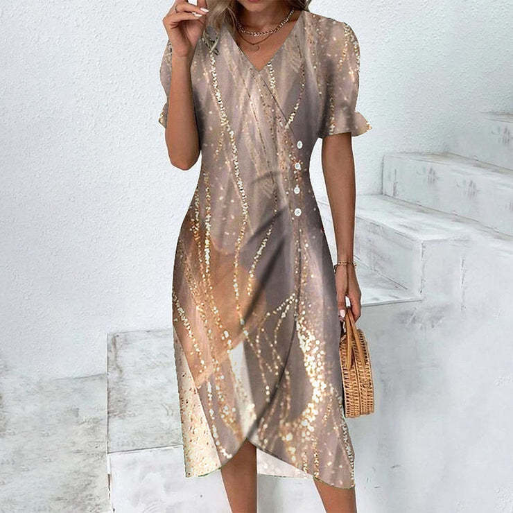 Women’s Fitted V-Neck Midi Dress with Button Detail