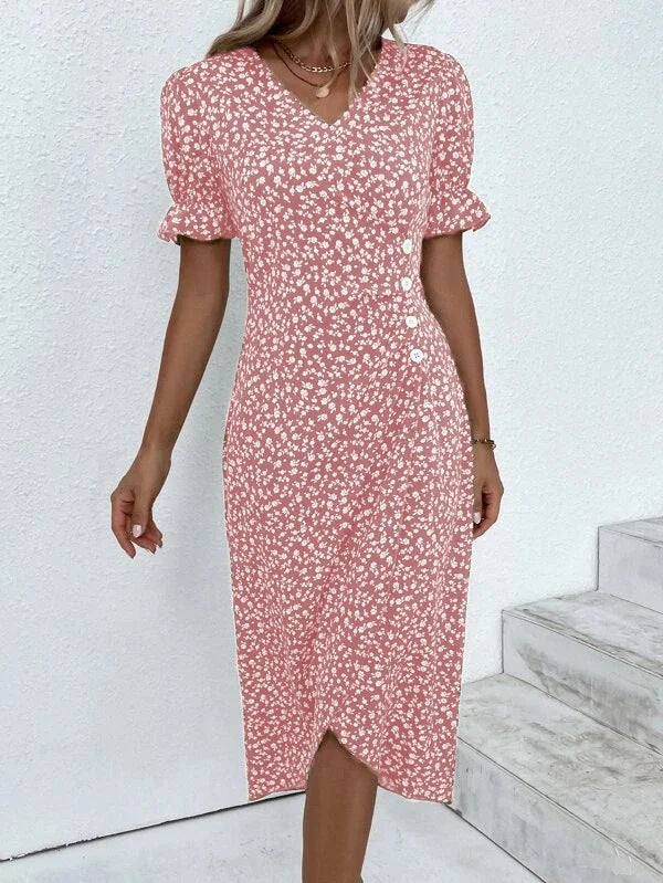 Women’s Fitted V-Neck Midi Dress with Button Detail