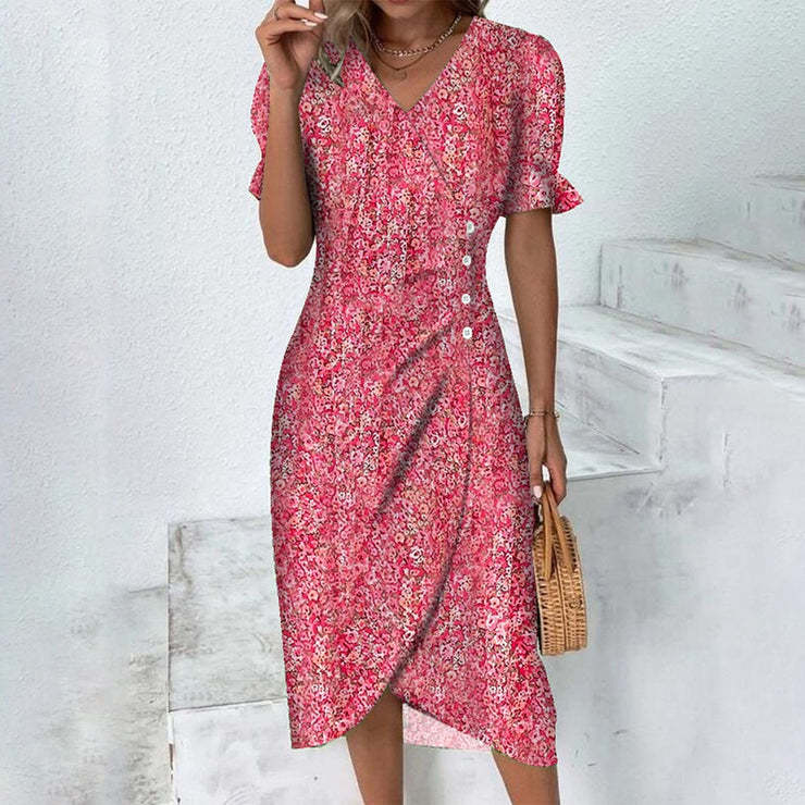 Women’s Fitted V-Neck Midi Dress with Button Detail
