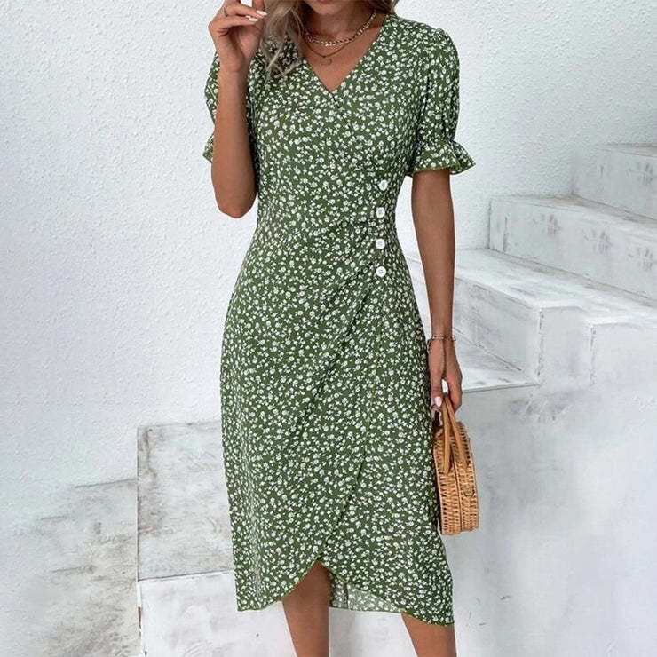 Women’s Fitted V-Neck Midi Dress with Button Detail