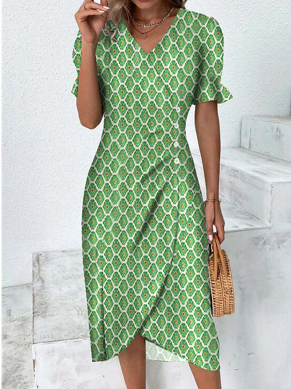 Women’s Fitted V-Neck Midi Dress with Button Detail