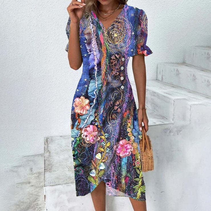 Women’s Fitted V-Neck Midi Dress with Button Detail